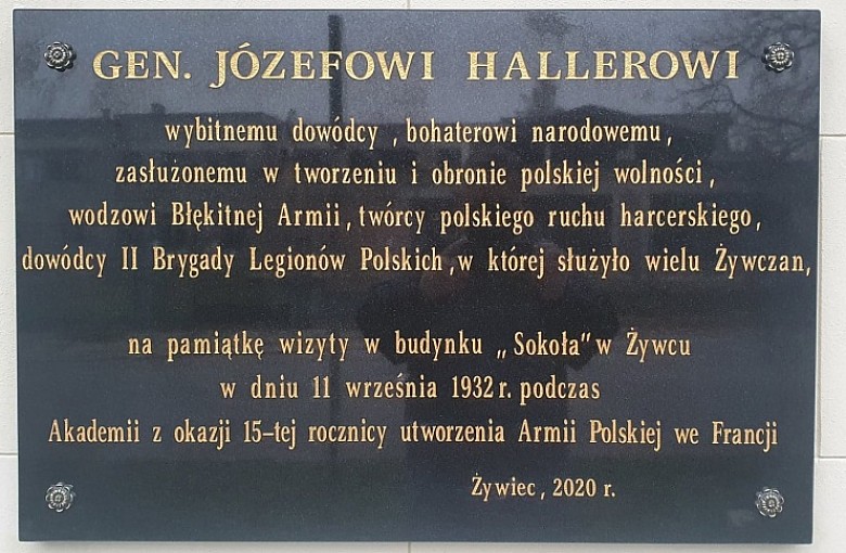 Żywiec: Tablica upamiętniająca wizytę Generała Józefa Hallera