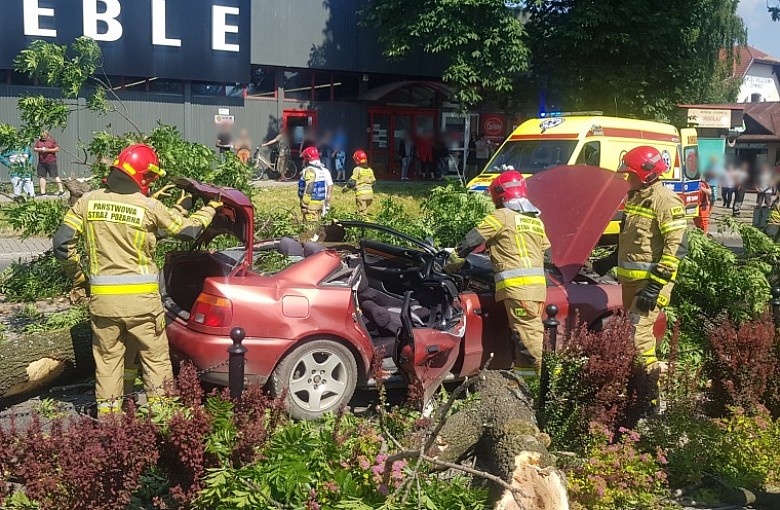 Żywiec. Drzewo przewróciło się na przejeżdżające audi. Dwie osoby trafiły do szpitala