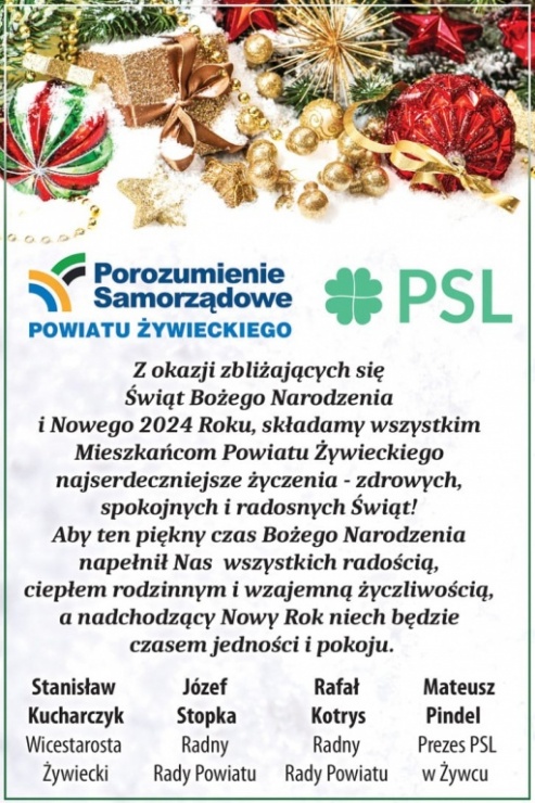 Świąteczne Życzenia składa Porozumienie Samorządowe Powiatu Żywieckiego